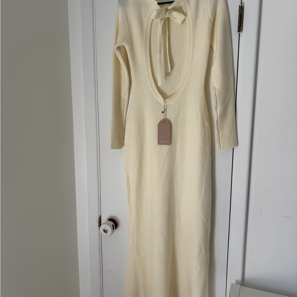 Meshki Cream Maxi Knit Dress with Tie Neck